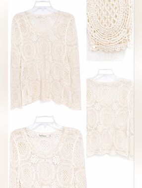 Solitaire Cream Crochet Lace Top Large Boho Open Knit Long Sleeve Sheer Coastal